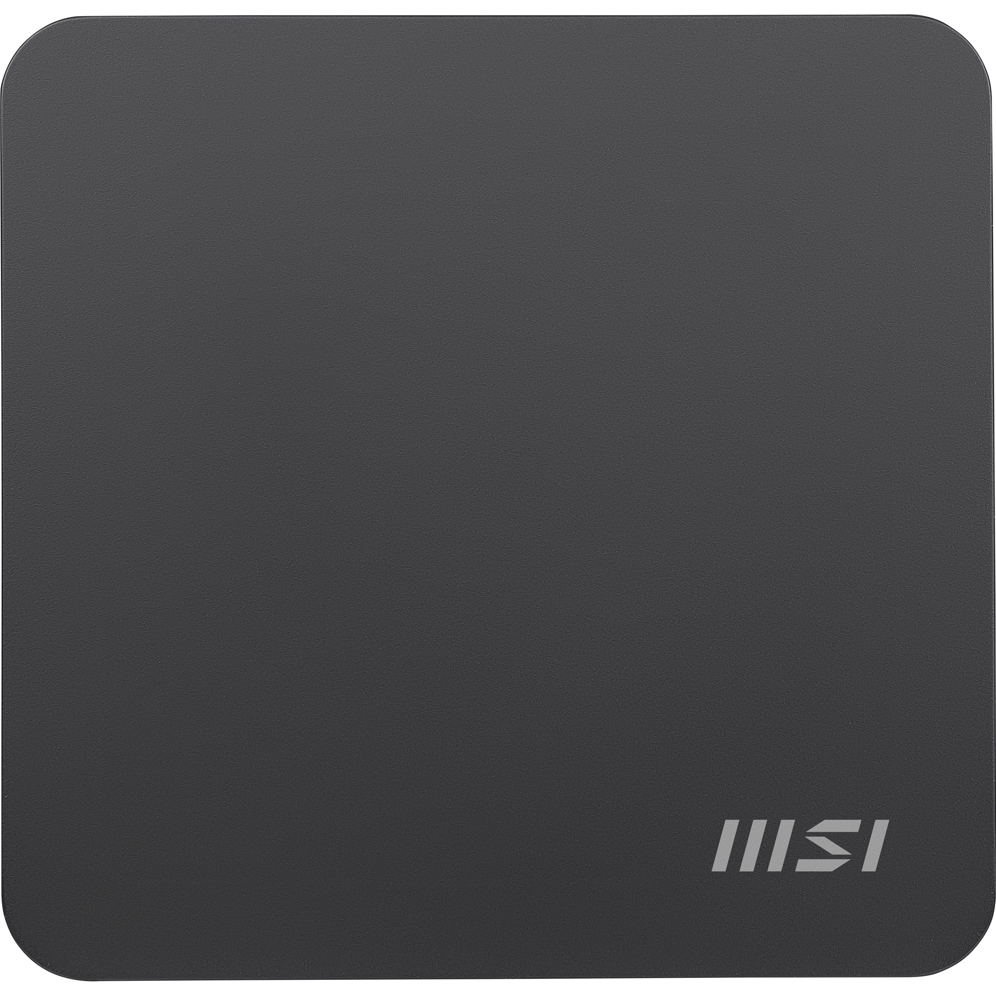 Un dispositivo MSI nero opaco con angoli arrotondati e logo MSI argentato in basso a destra.