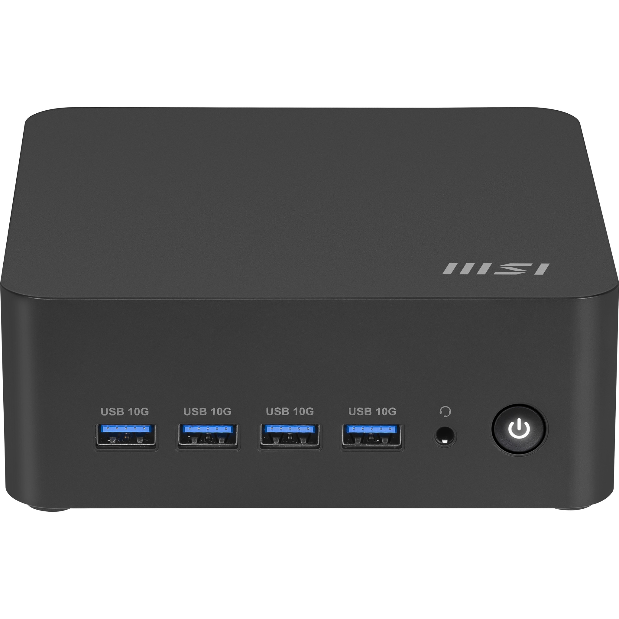 Mini PC MSI nero con quattro porte USB blu, jack audio e pulsante di accensione sul pannello frontale.