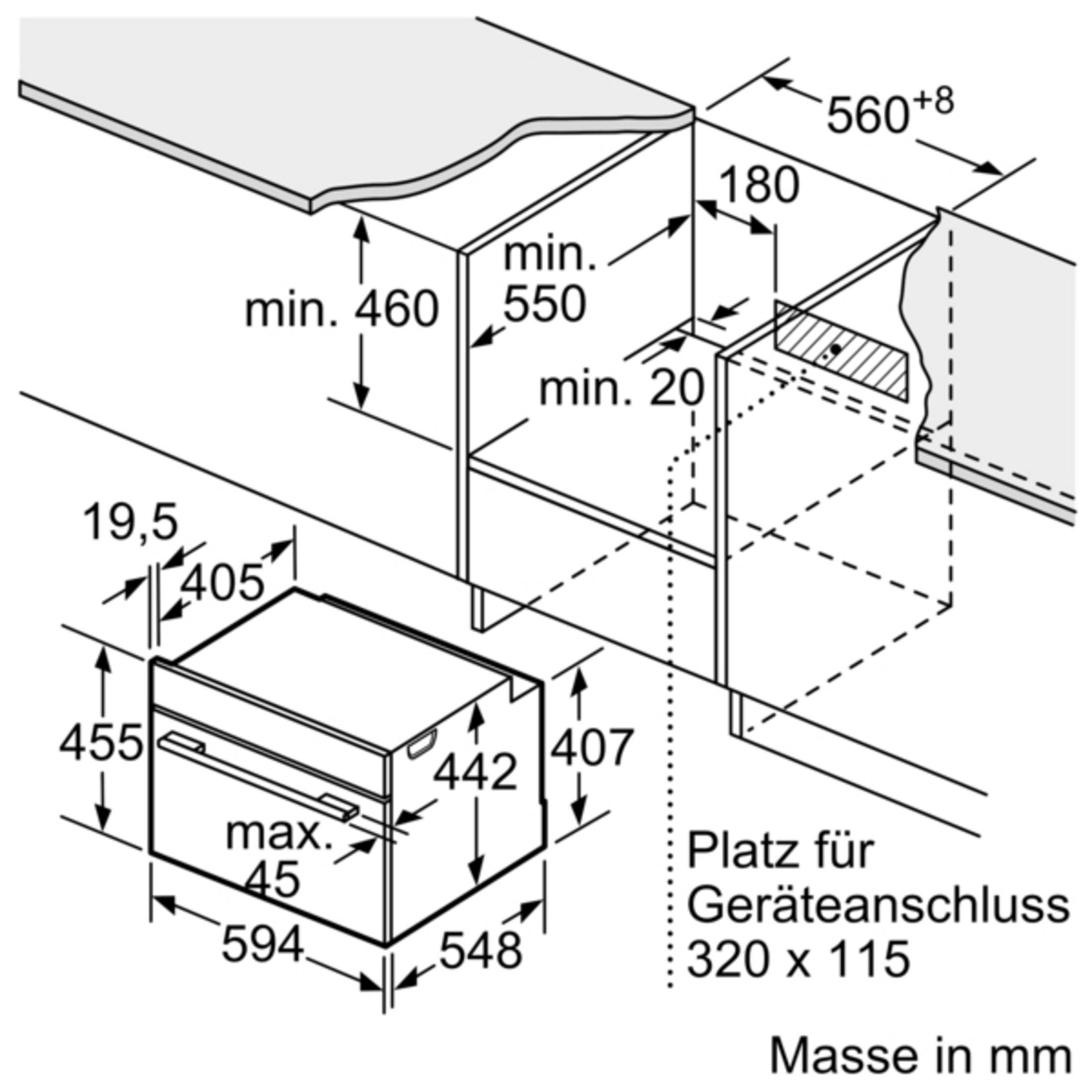Dessin technique avec dimensions d'installation pour un appareil de cuisine en millimètres.