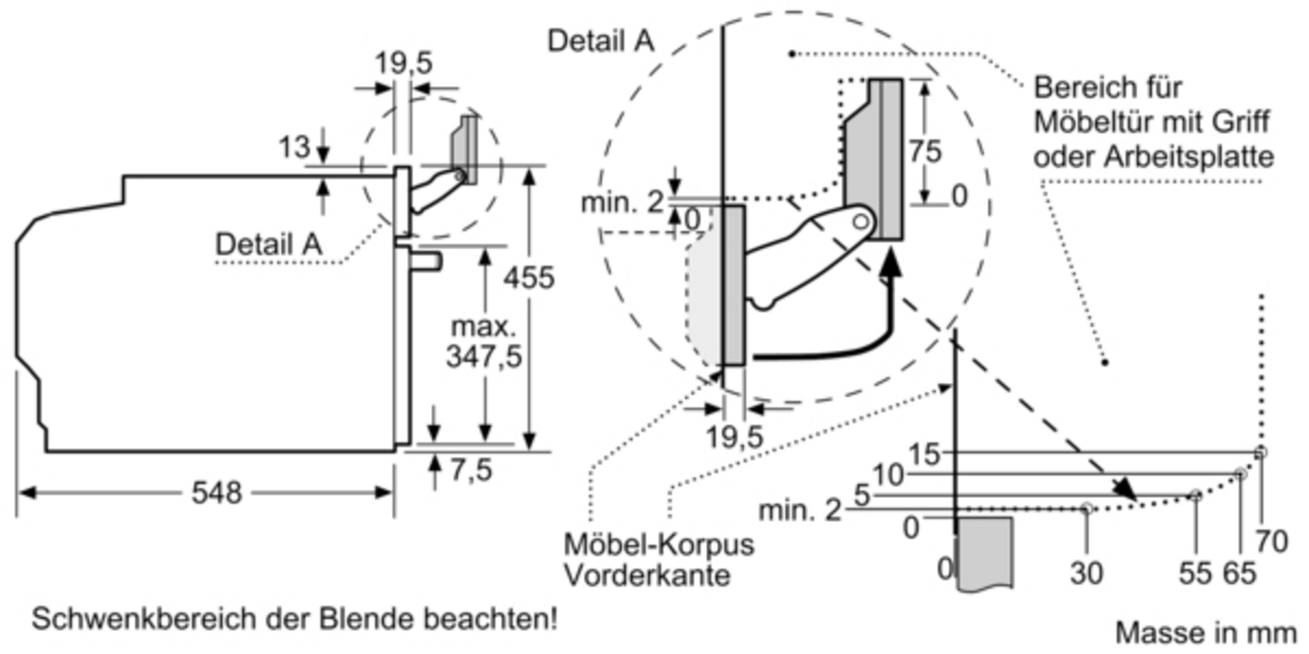 Dessin technique avec dimensions en millimètres montrant les dégagements d'installation et les détails.