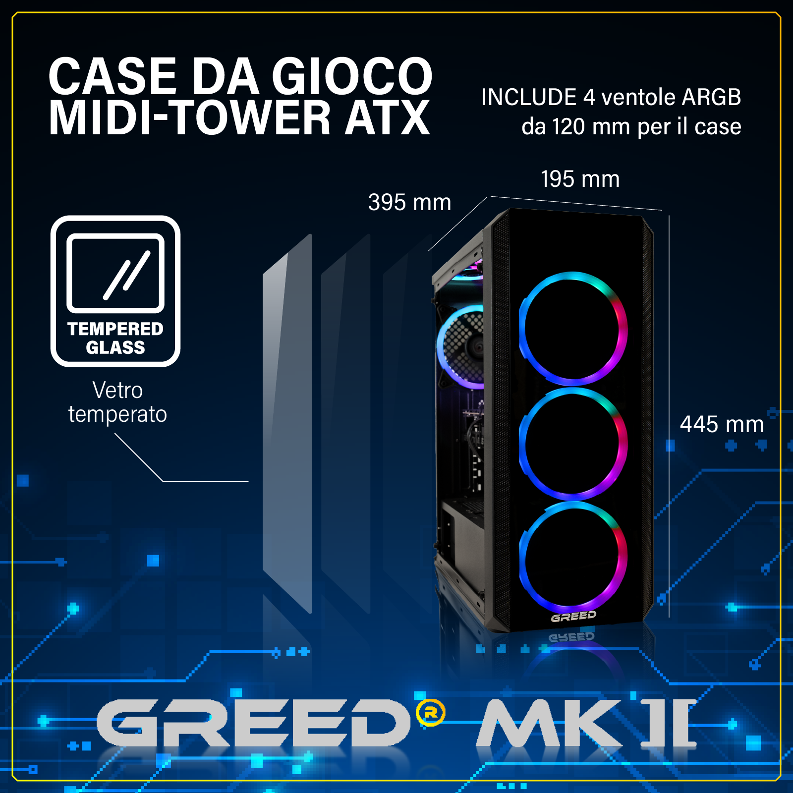 Case PC ATX midi-tower nero con ventole ARGB, vetro temperato e dimensioni.