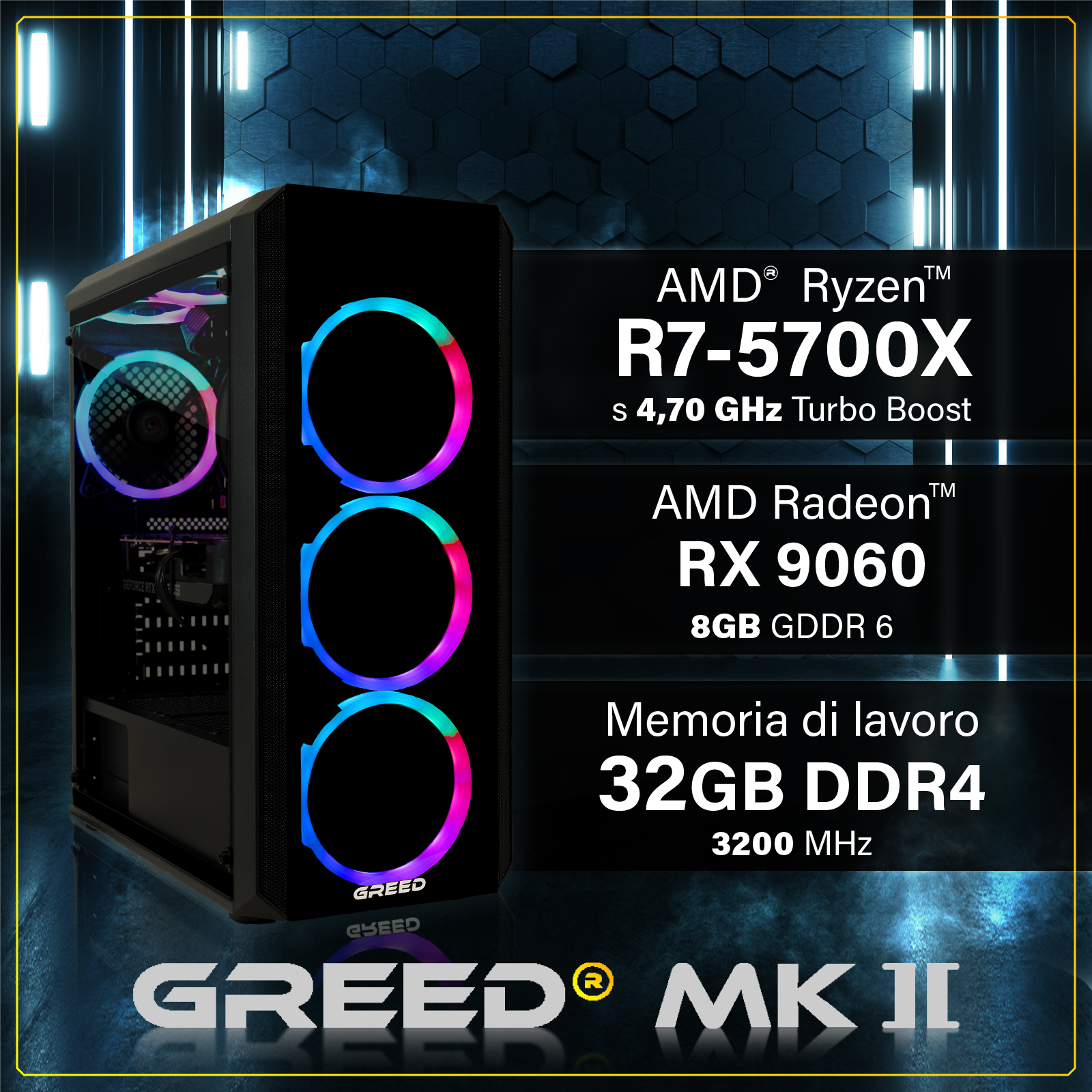 PC da gaming con ventole RGB, AMD Ryzen R7-5700X, Radeon RX 9060 e 32GB RAM su sfondo scuro.