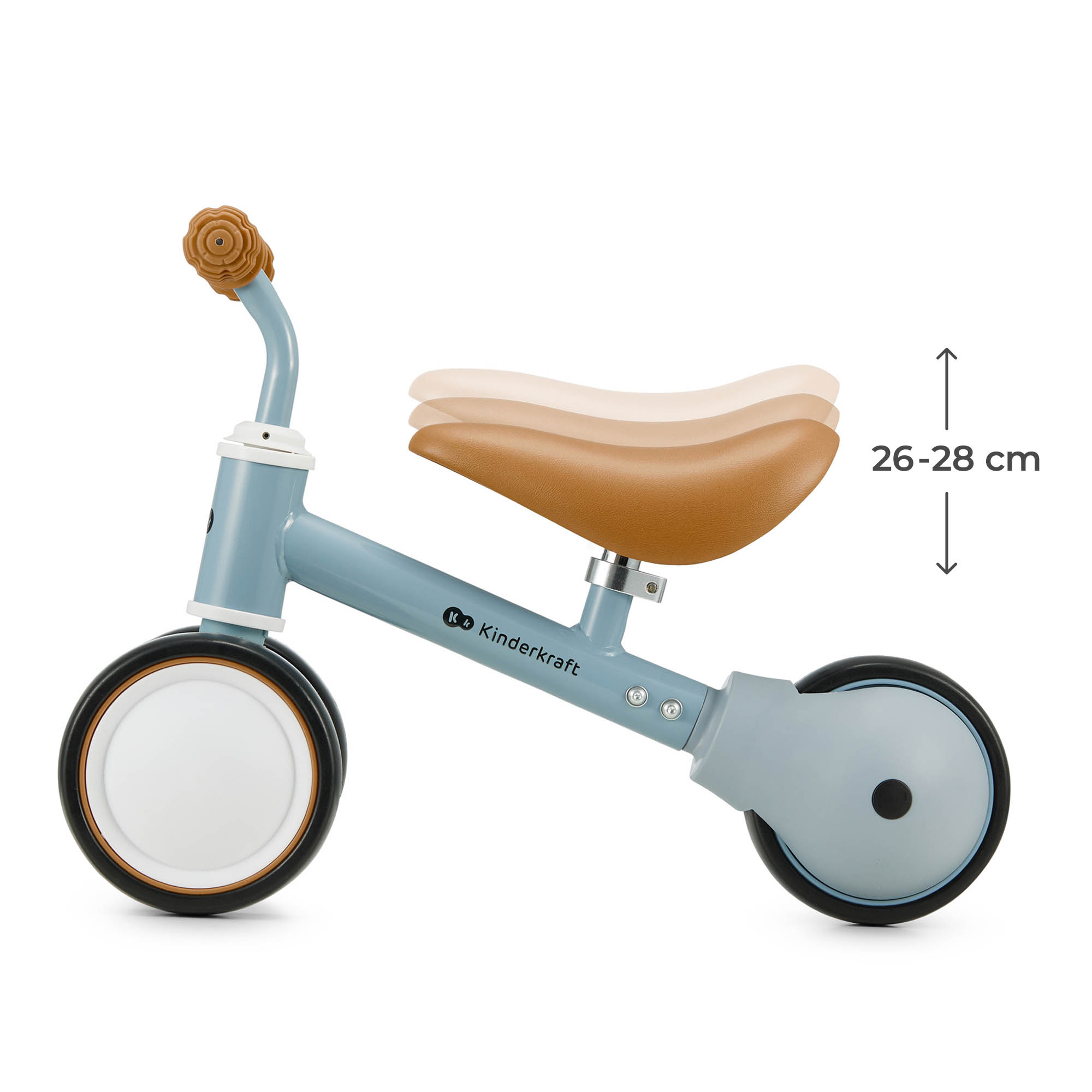 Ein hellblaues Kinderkraft-Laufrad mit braunem Sattel und Lenker, 26-28 cm Höhenverstellung.