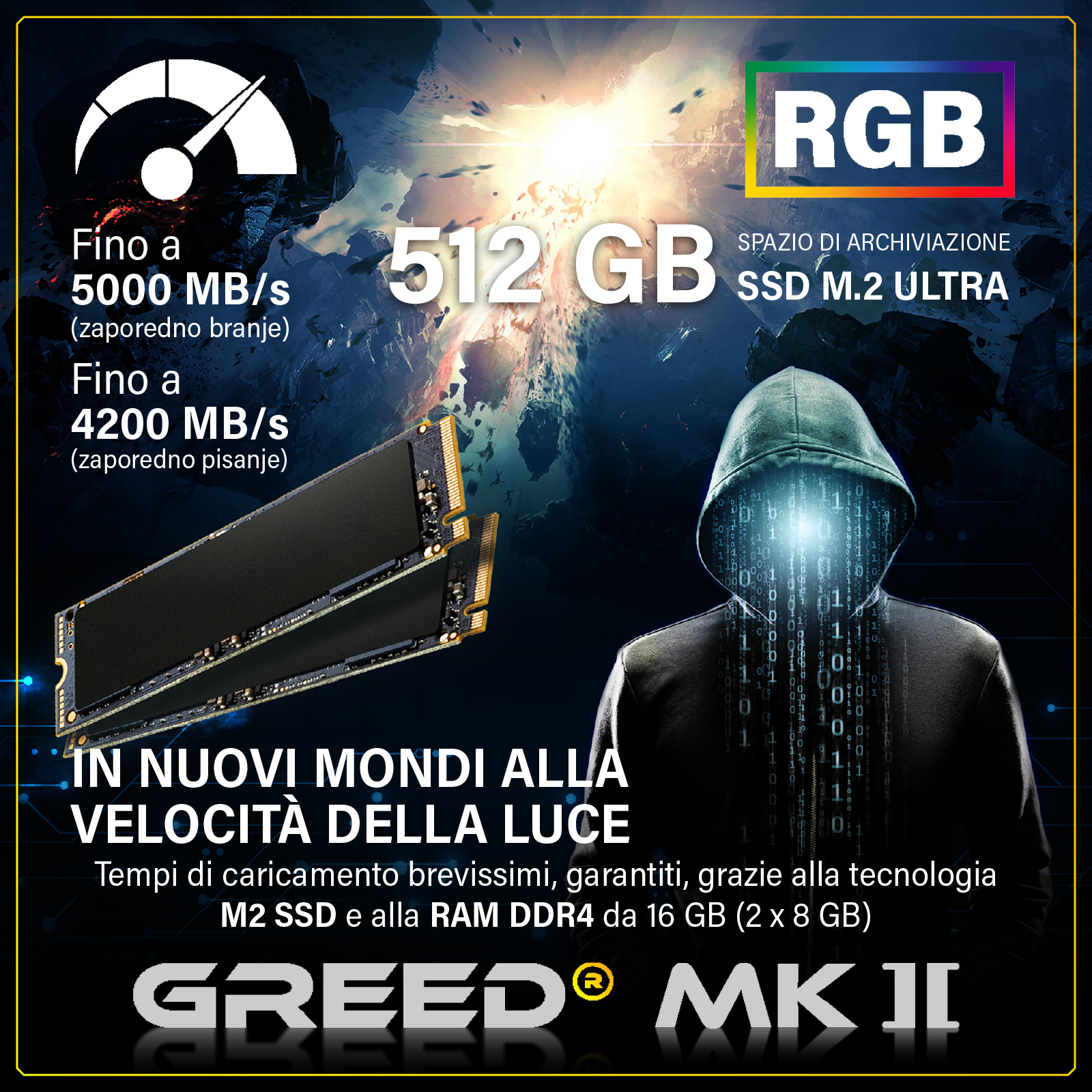 Immagine promozionale per PC GREED MK II con SSD M.2, 512 GB di spazio e alte prestazioni.