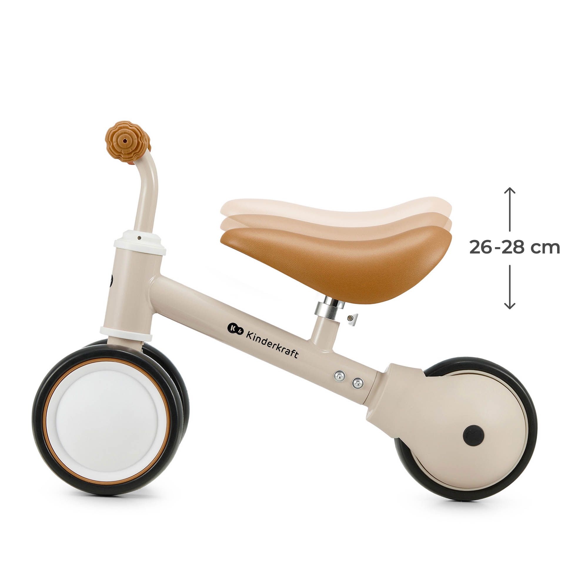 Beiges Kinderlaufrad mit verstellbarem Sattel (26-28 cm) vor weißem Hintergrund.
