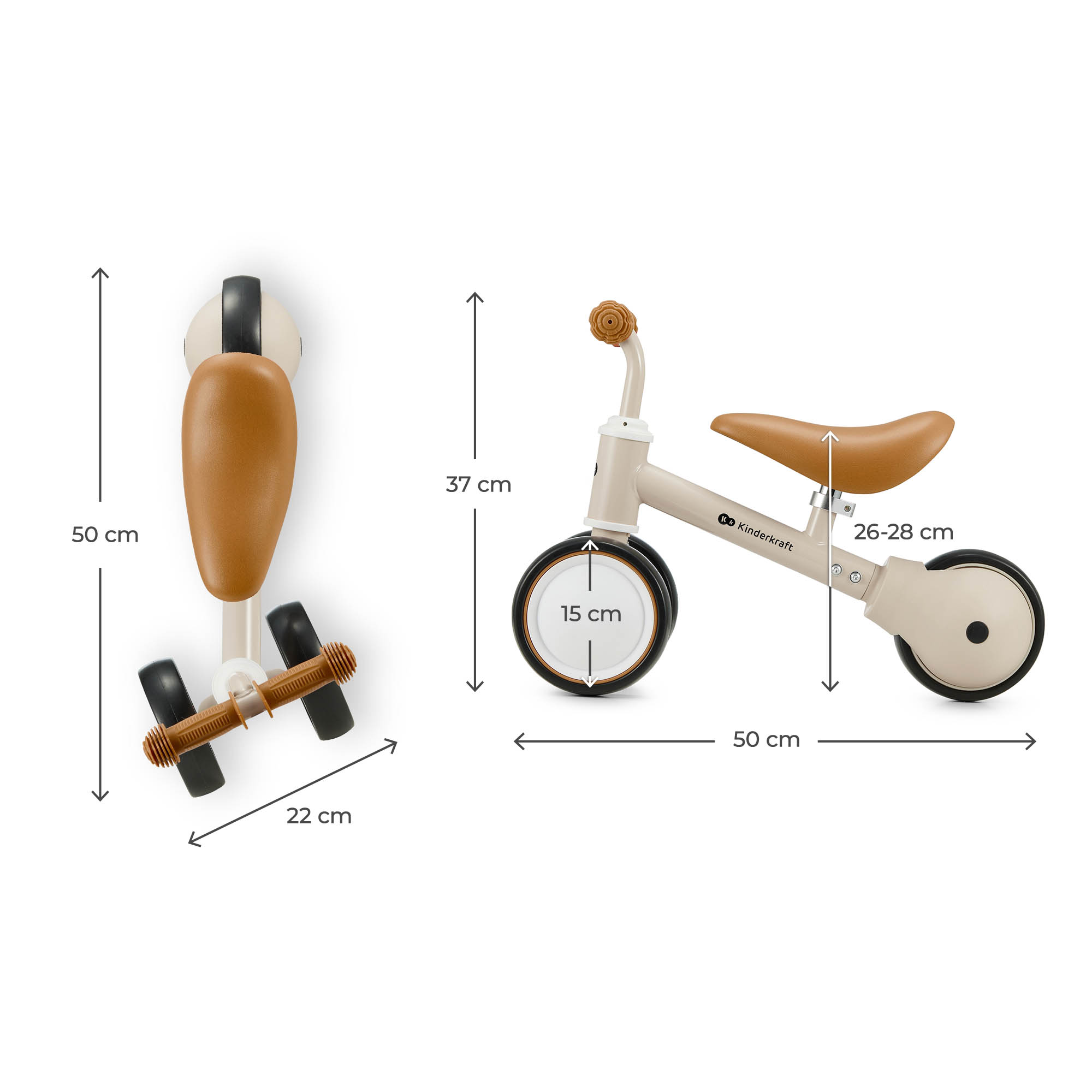 Diagramm eines beigen Kinderdreirads mit braunem Sitz und Maßangaben in Zentimetern auf weißem Hintergrund.