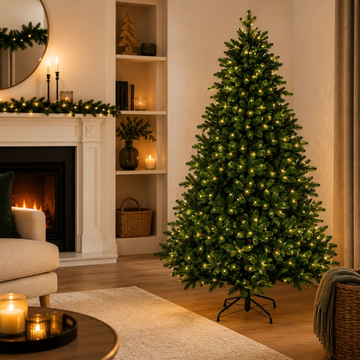 A lit Christmas tree stands in a living room beside a fireplace and shelves with decor.