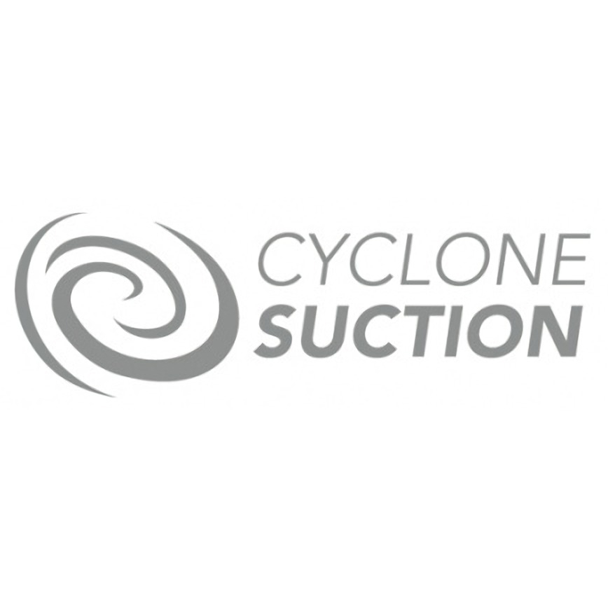 Szare logo z ikoną spirali po lewej stronie i napisem 'CYCLONE SUCTION' po prawej na białym tle.