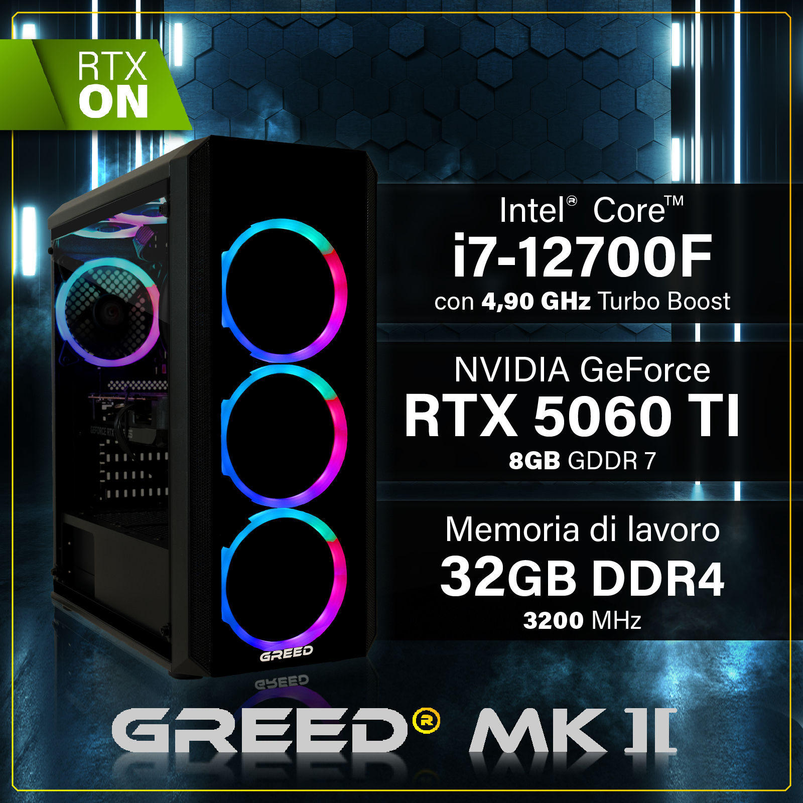 PC da gaming con ventole RGB e specifiche tecniche su sfondo scuro.