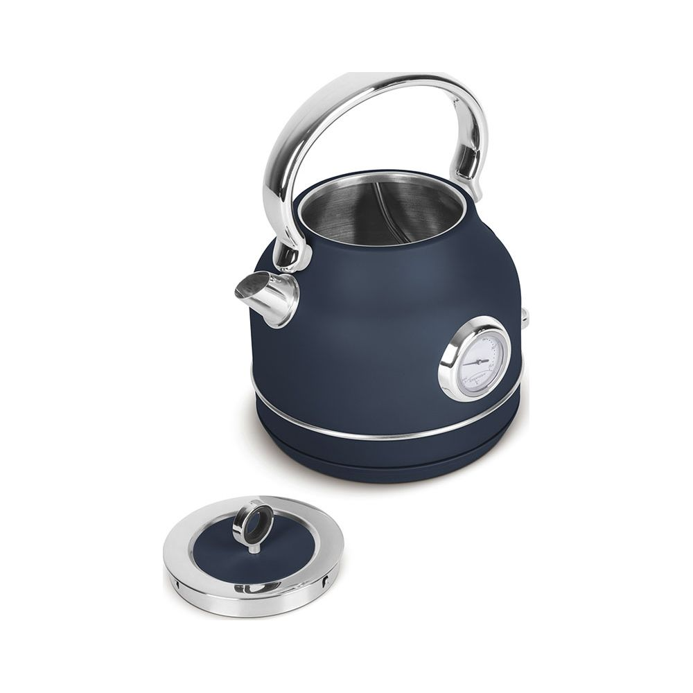 Bollitore blu scuro con manico cromato e termometro integrato, coperchio aperto posizionato accanto.
