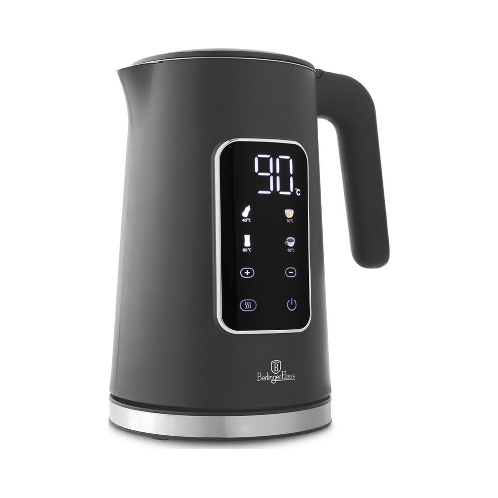 Un moderno bollitore elettrico nero con display digitale e controllo della temperatura su sfondo bianco.