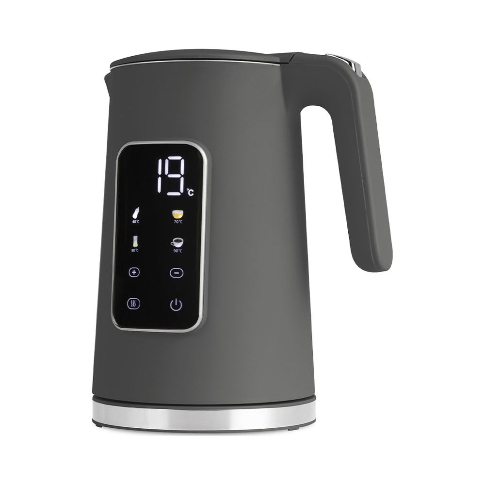 Bollitore elettrico grigio con display digitale e controllo della temperatura su fondo bianco.