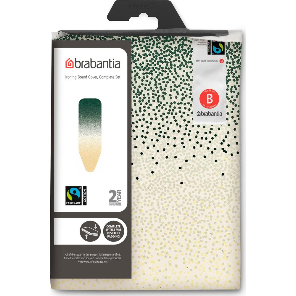 Brabantia ironing board cover in packaging with green and gold dotted pattern and Fairtrade logo.