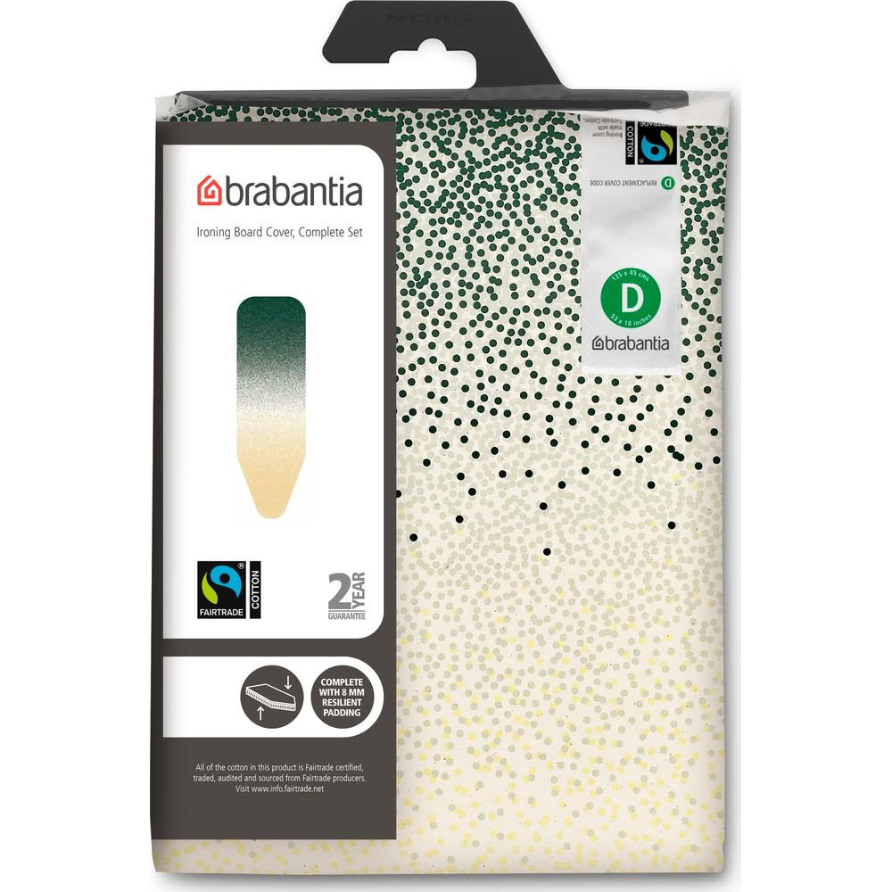 Brabantia ironing board cover in packaging featuring a green and golden dot pattern on a light background.