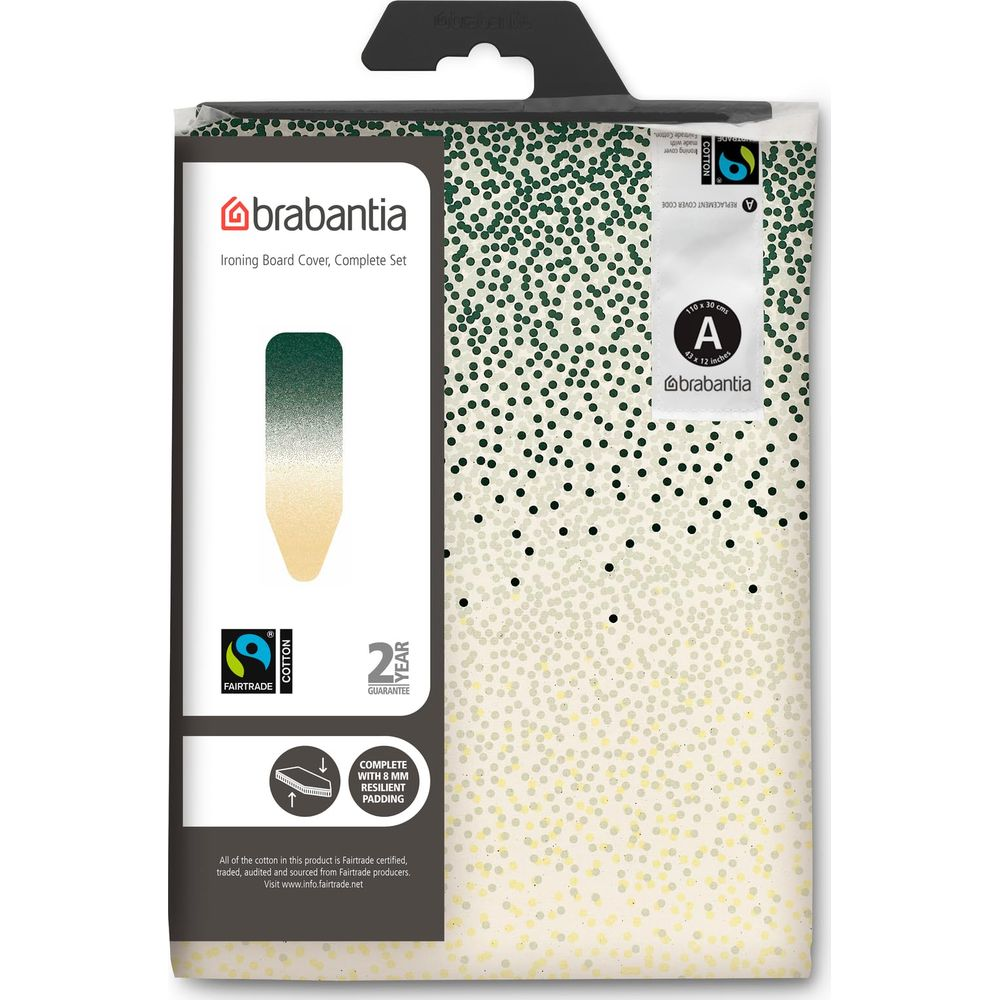Brabantia size A ironing board cover with green gradient and confetti pattern in packaging.