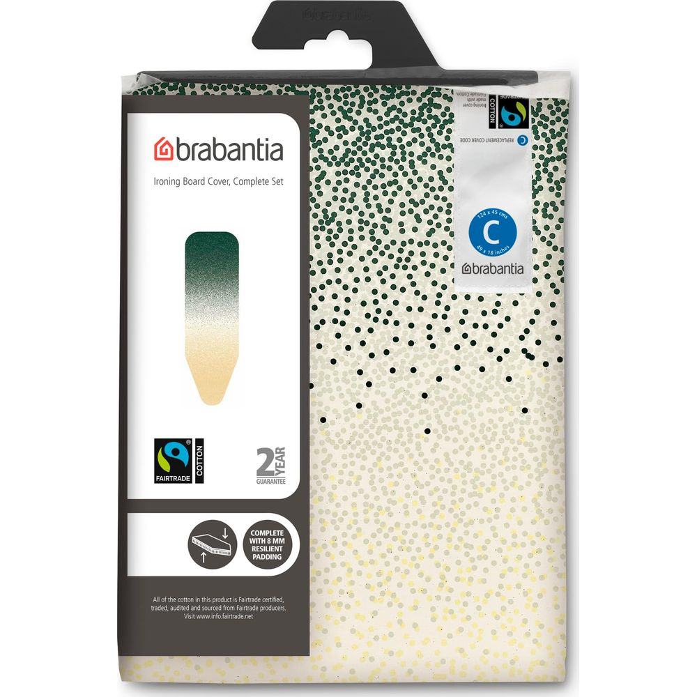 Brabantia strijkplankhoes in het wit met een groen en goud stippenpatroon in verpakking.