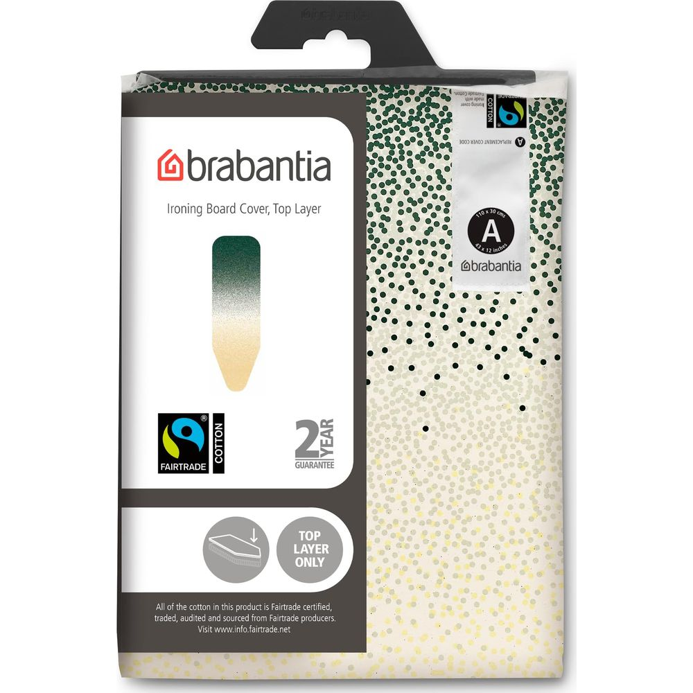 Packaging for a Brabantia ironing board cover with a green ombre pattern, Fairtrade logo, and a 2-year guarantee.