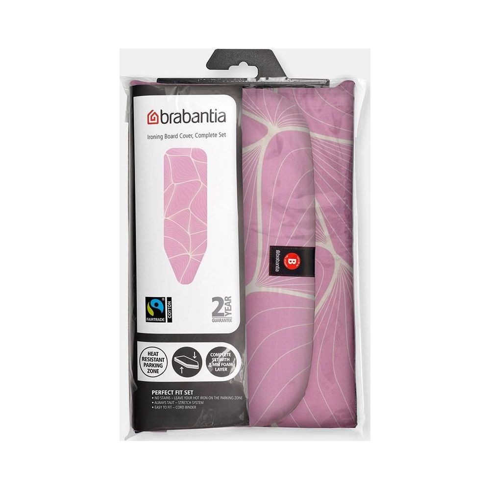 Pink Brabantia ironing board cover in packaging with white line pattern and product details.