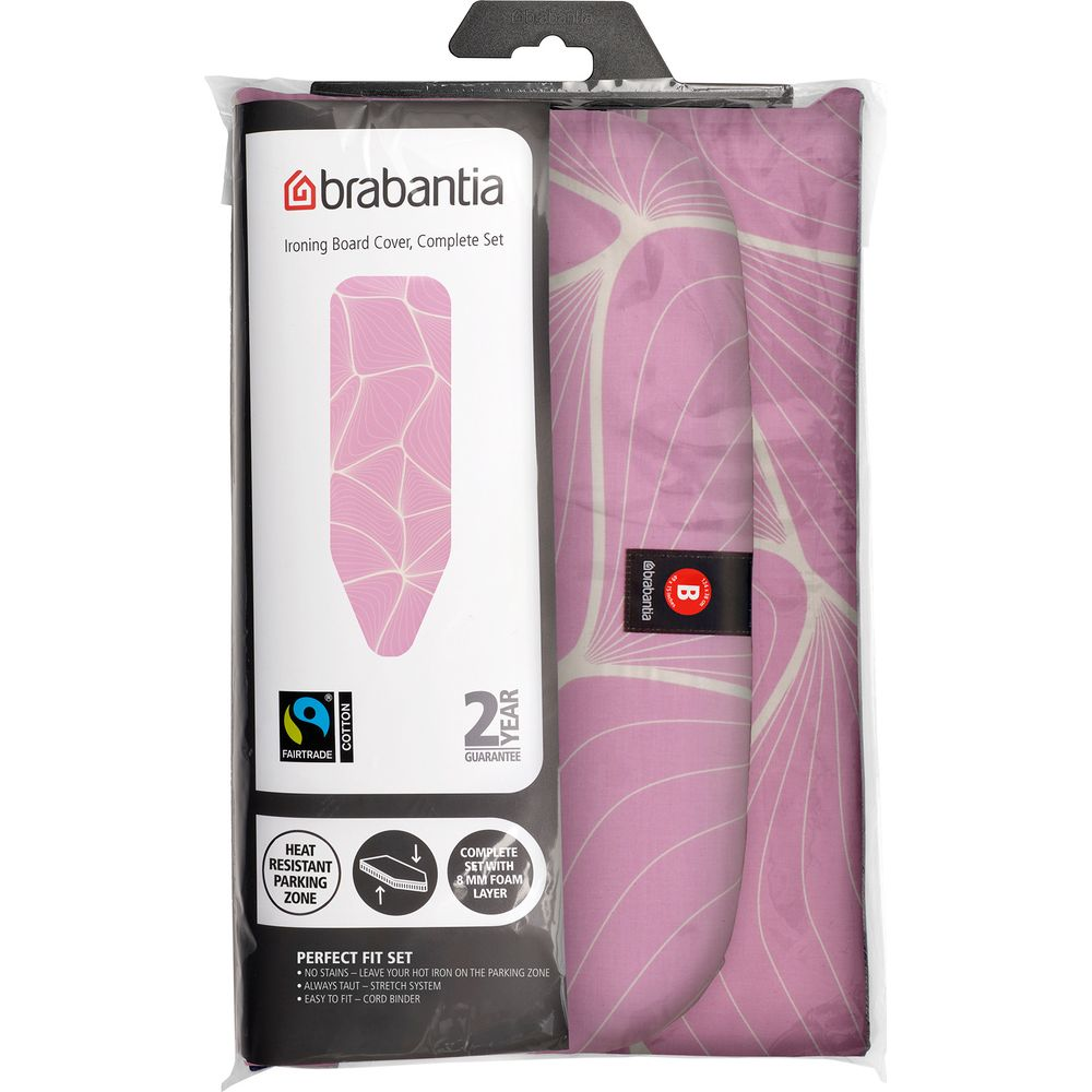 Packaged Brabantia pink ironing board cover set with white line pattern and product details on the front label.