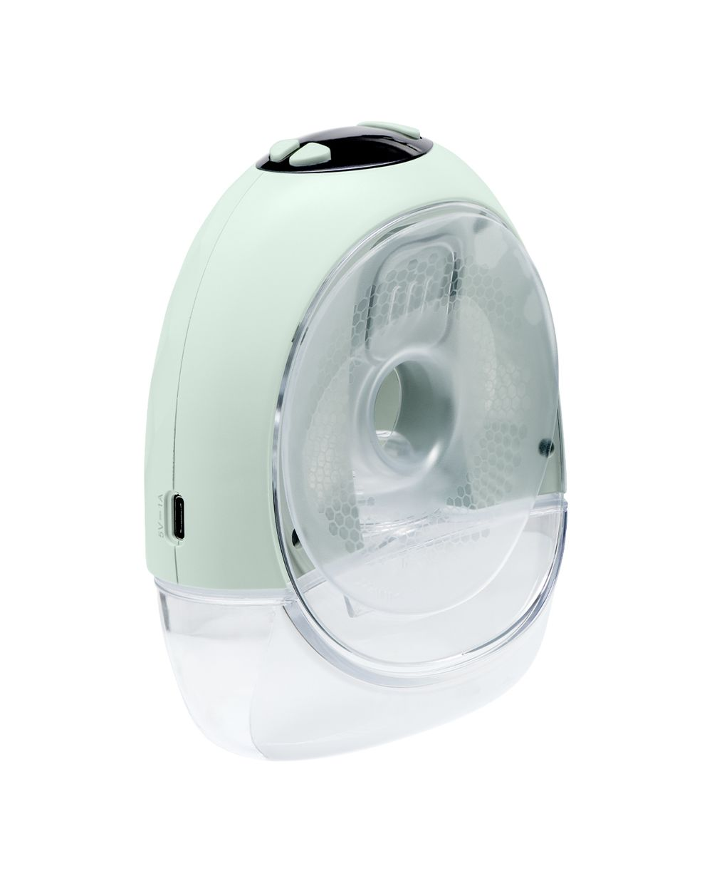 Eine mintgrüne und transparente elektrische Milchpumpe mit USB-Anschluss.
