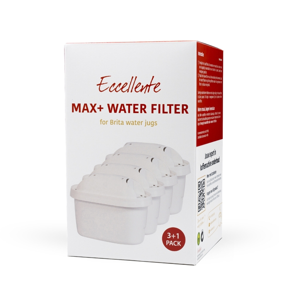 Een witte en rode verpakkingsdoos voor Eccellente MAX+ waterfilters, 3+1 verpakking.