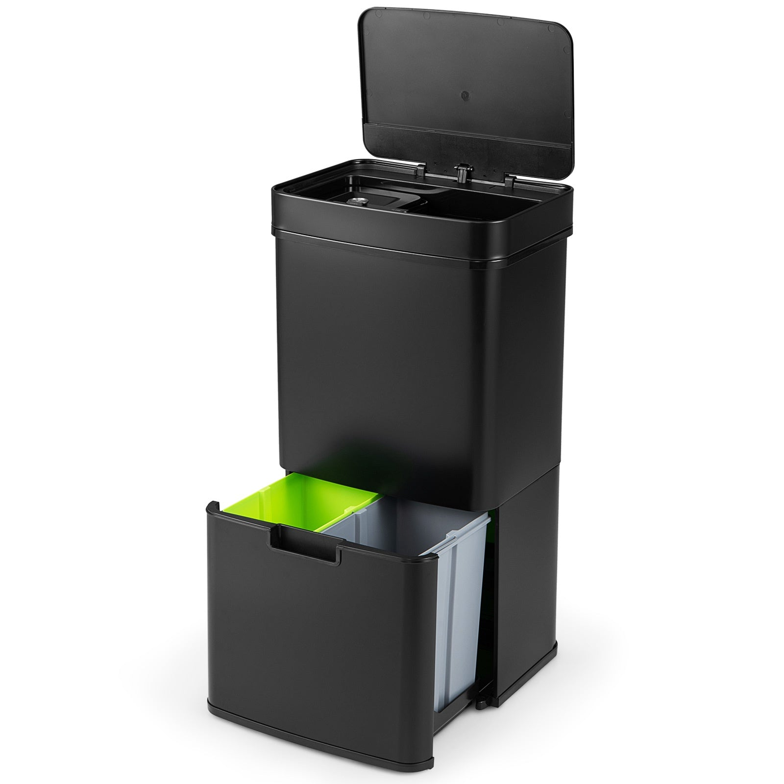 Une poubelle noire avec couvercle ouvert et tiroir inférieur extractible contenant des bacs verts et gris.