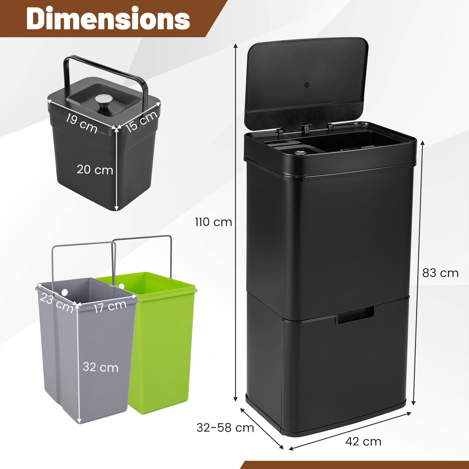 Dessin technique montrant les dimensions d'une poubelle noire avec bacs intérieurs gris et vert.