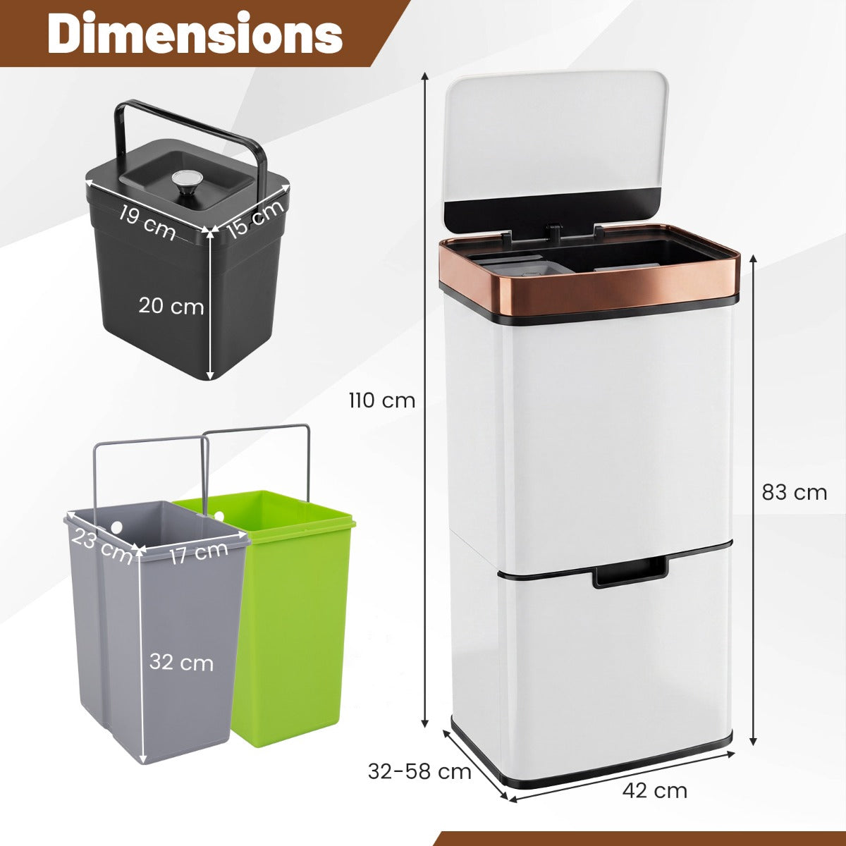 Schéma montrant les dimensions d'une grande poubelle blanche et de trois bacs intérieurs plus petits noir, gris et vert.