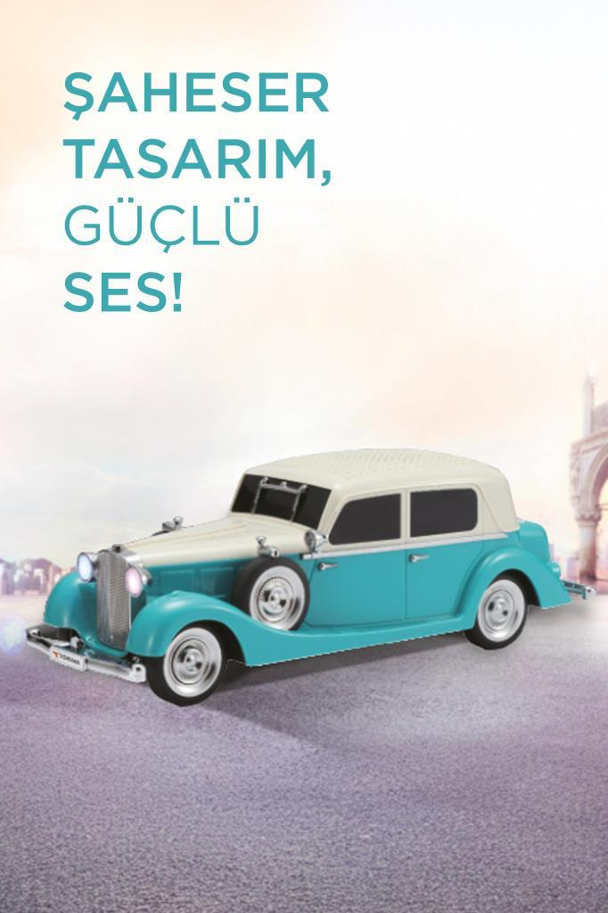 Arka planda üstte metin bulunan turkuaz ve bej renkli retro araba oyuncağı.