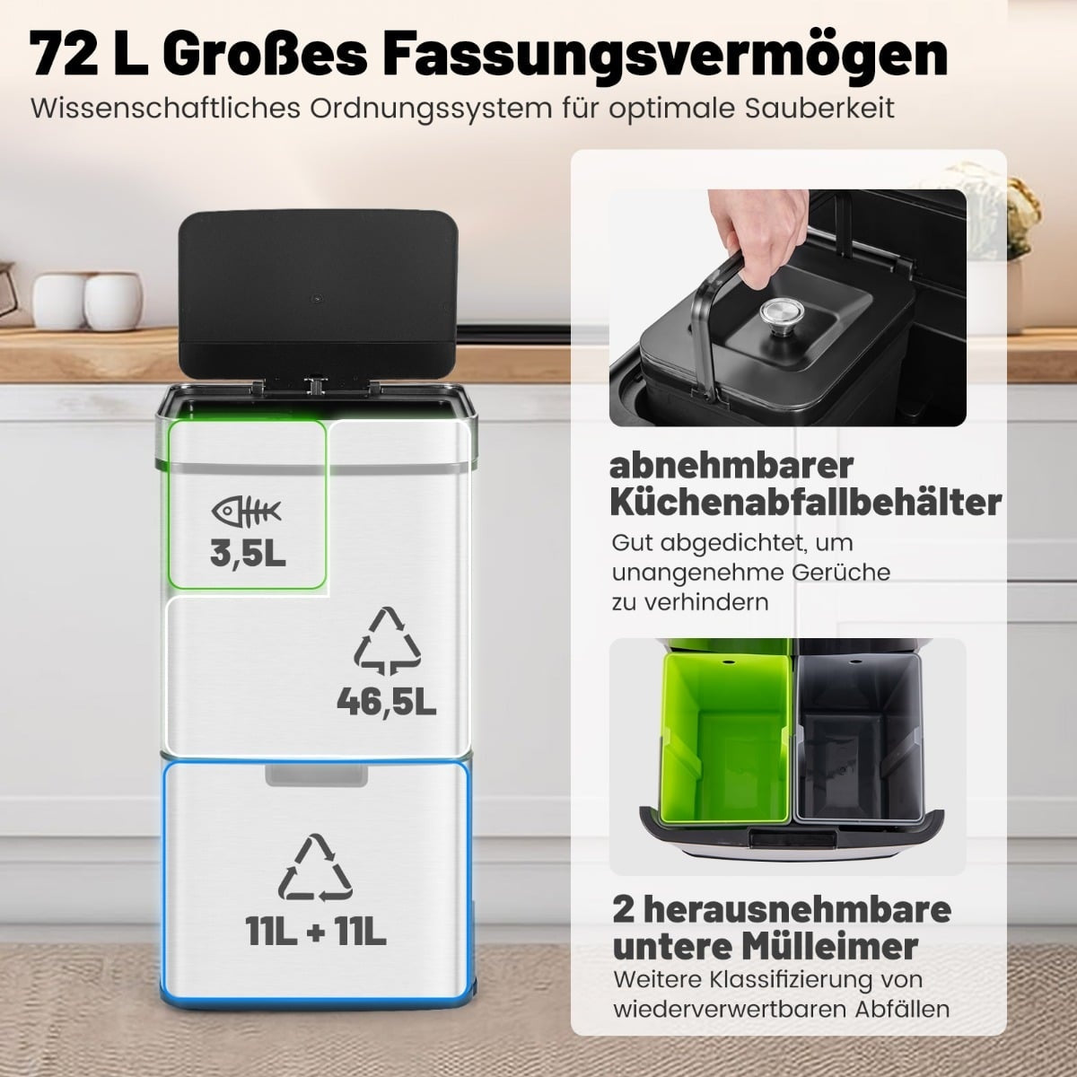 Poubelle à compartiments multiples de 72 litres avec bac amovible et sections pour le tri.