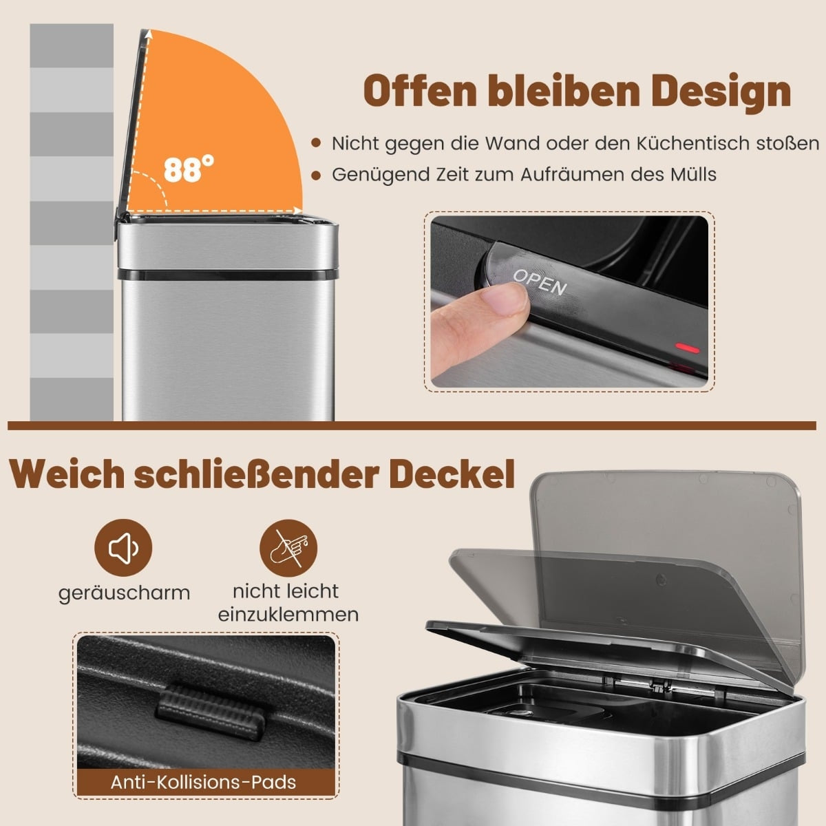Graphique produit d'une poubelle en acier inoxydable avec couvercle ouvert, bouton tactile et fermeture douce.