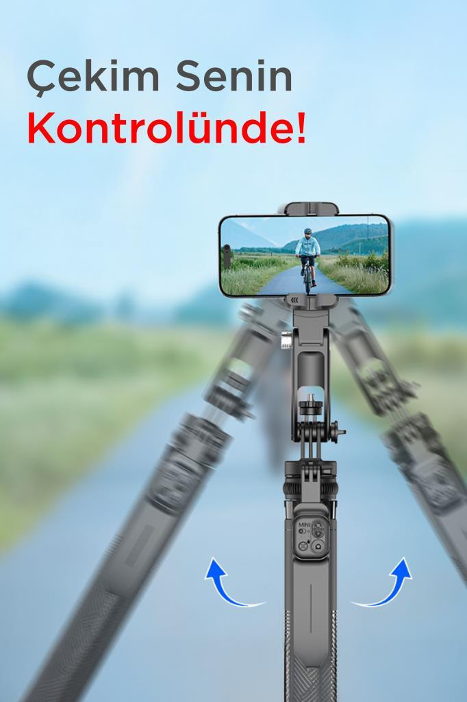Kontrol simgeleri ve Türkçe yazıyla gimbal üzerindeki akıllı telefon.