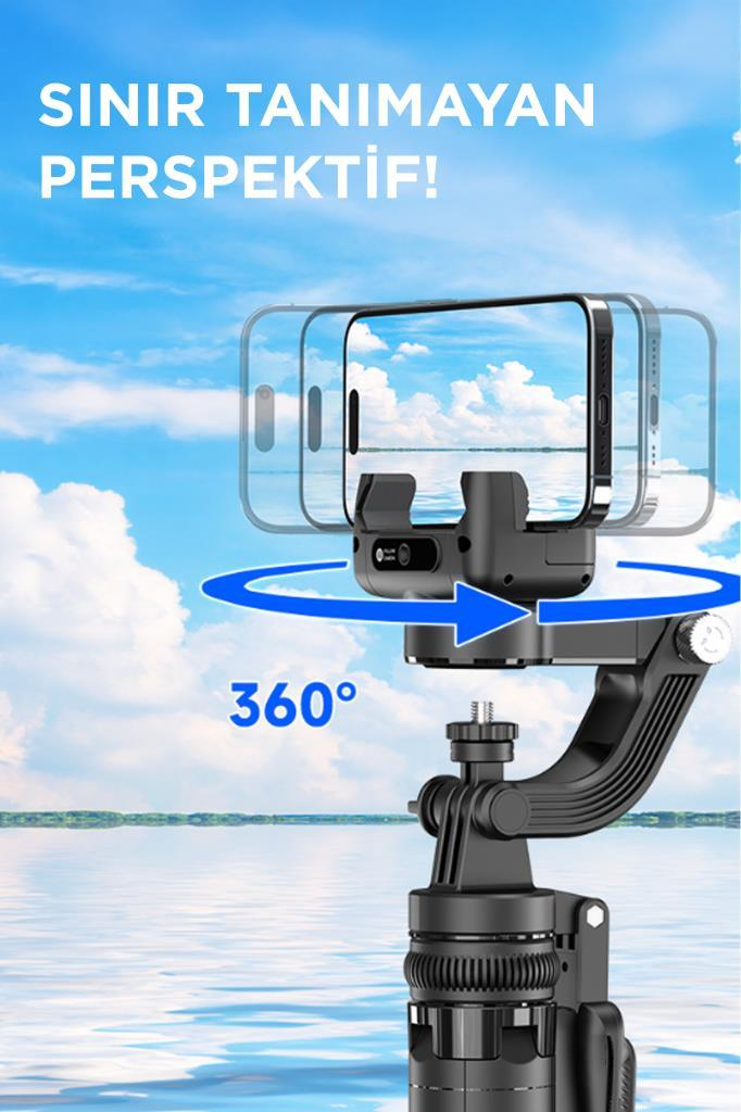 Mavi gökyüzü arkaplanında siyah 360 derece akıllı telefon gimbalı.