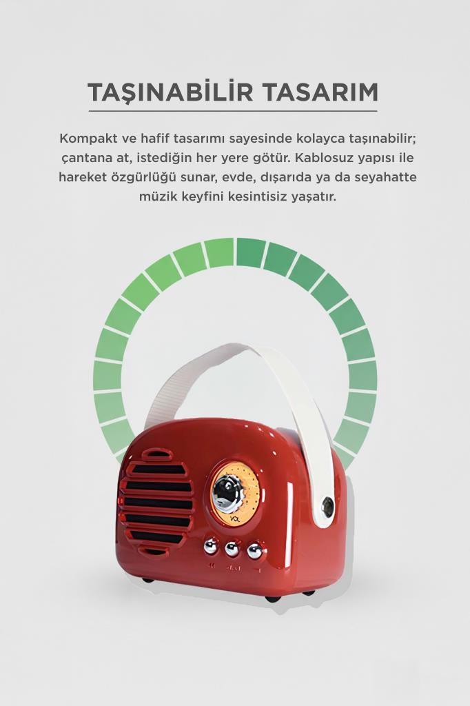 Gri arka plan üzerinde beyaz taşıma sapı olan kırmızı radyo ve üstünde yeşil halka sembolü.