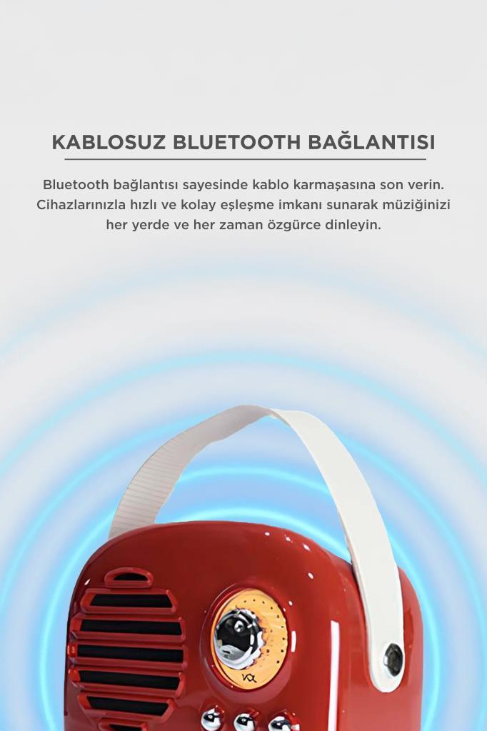 Beyaz askılı kırmızı retro tarzı Bluetooth hoparlör ve üzerinde Türkçe yazı.