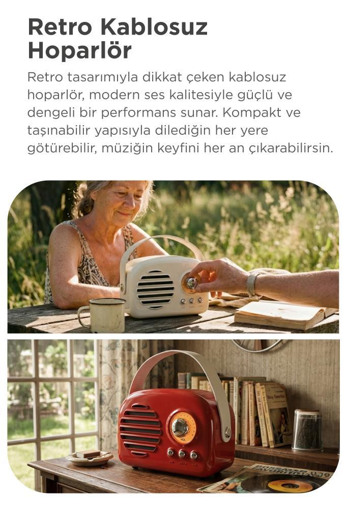 Metin ve iki farklı dış-iç mekan sahnesiyle retro kablosuz hoparlör tanıtımı.