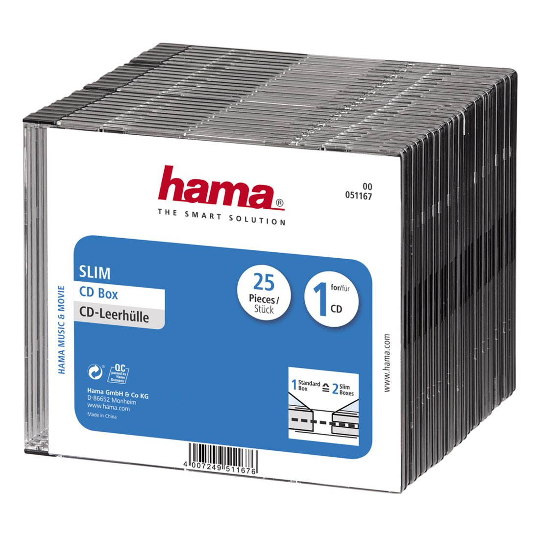 Stos przezroczystych cienkich pudełek na CD Hama w opakowaniu z niebieską etykietą.