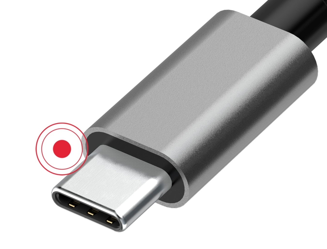 Srebrne złącze USB-C w metalowej obudowie na białym tle.