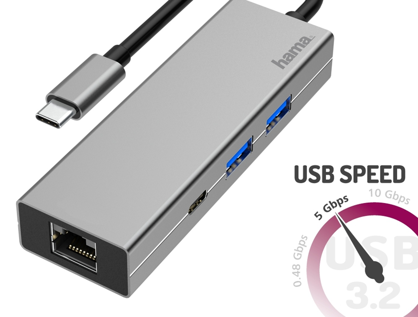 Srebrny hub USB Hama z wieloma portami, podłączonym kablem USB-C i grafiką prędkości USB.