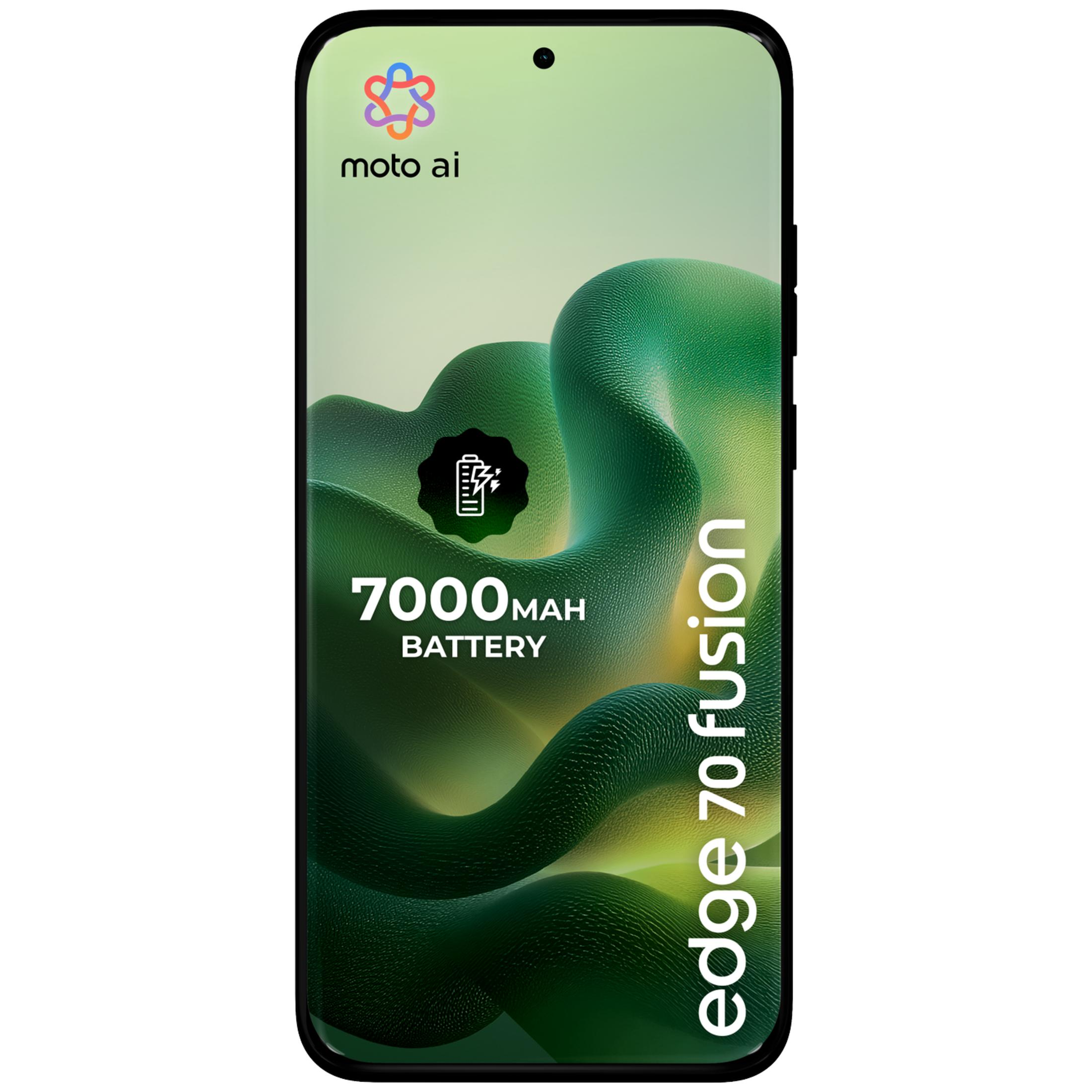 Smartphone mit grünem Wellenhintergrund, 7000mAh Batterie-Text und moto ai Logo.