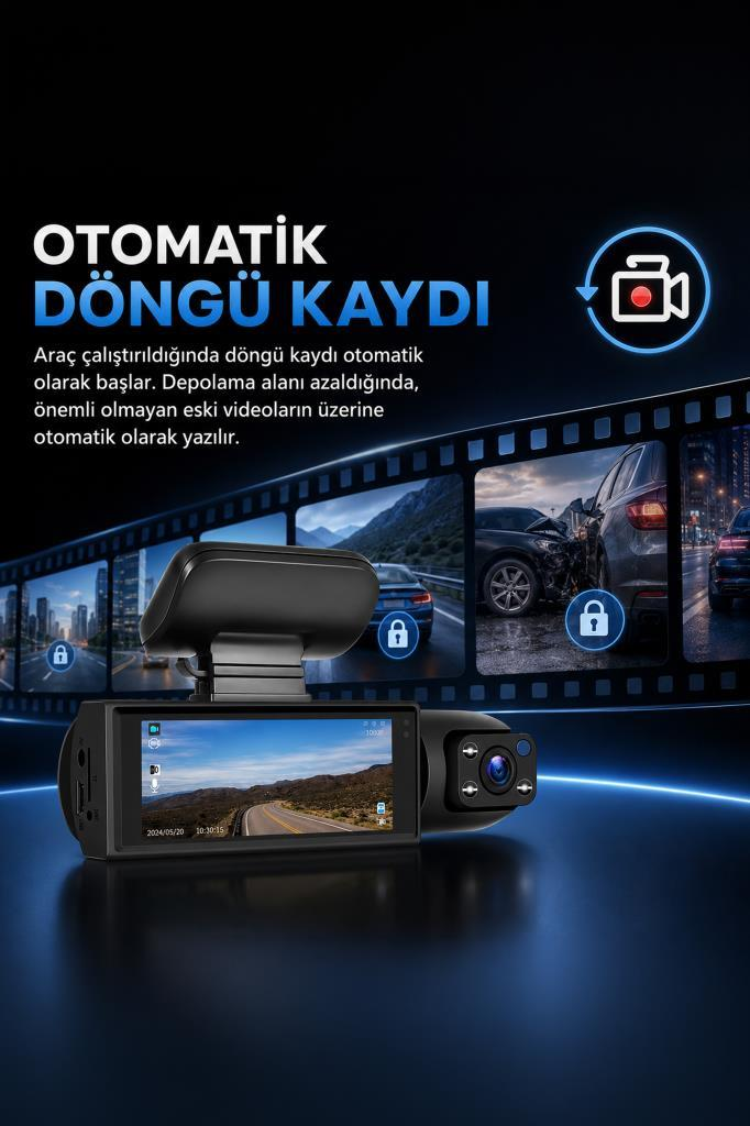 Türkçe metin ve kaza örnekleriyle otomatik döngü kaydı gösteren araç kamerası.