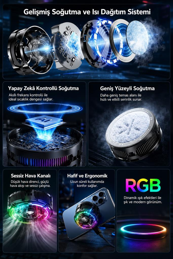Siyah arka planda gelişmiş soğutma ve aydınlatma özelliklerine sahip akıllı telefon soğutucusunu gösteren infografik.
