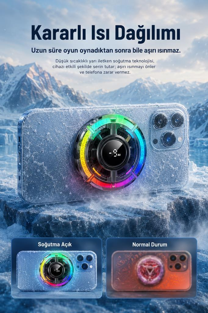Karlı dağ arka planında RGB soğutuculu buzlu bir akıllı telefon.
