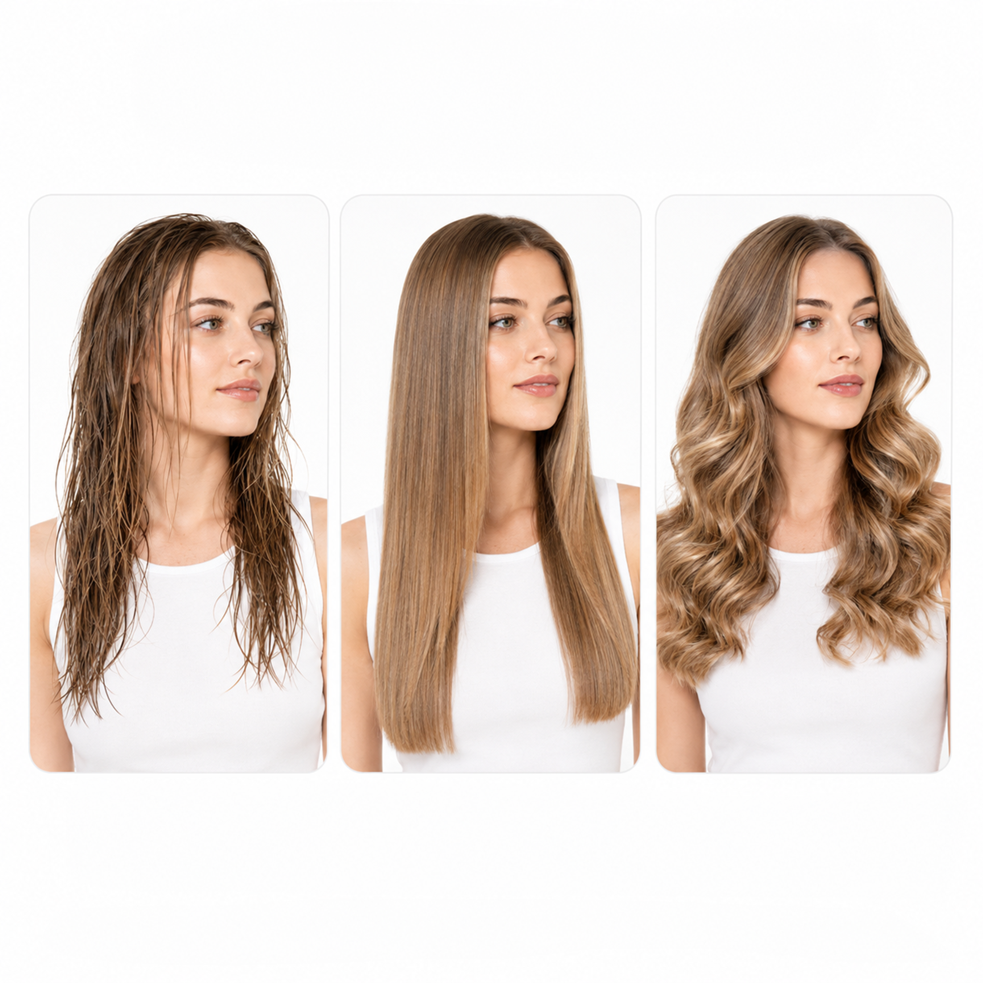 Vergelijkingsbeelden van een vrouw met nat, stijl en golvend blond haar tegen een witte achtergrond.