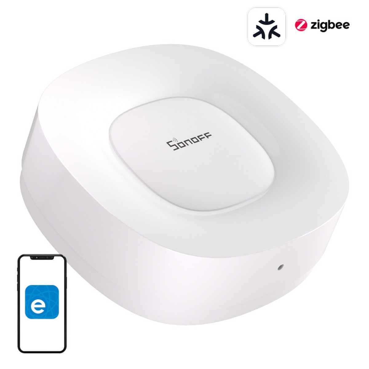 Hub smart Sonoff Zigbee quadrato bianco con angoli arrotondati, logo del marchio, icona dell'app e logo Zigbee.