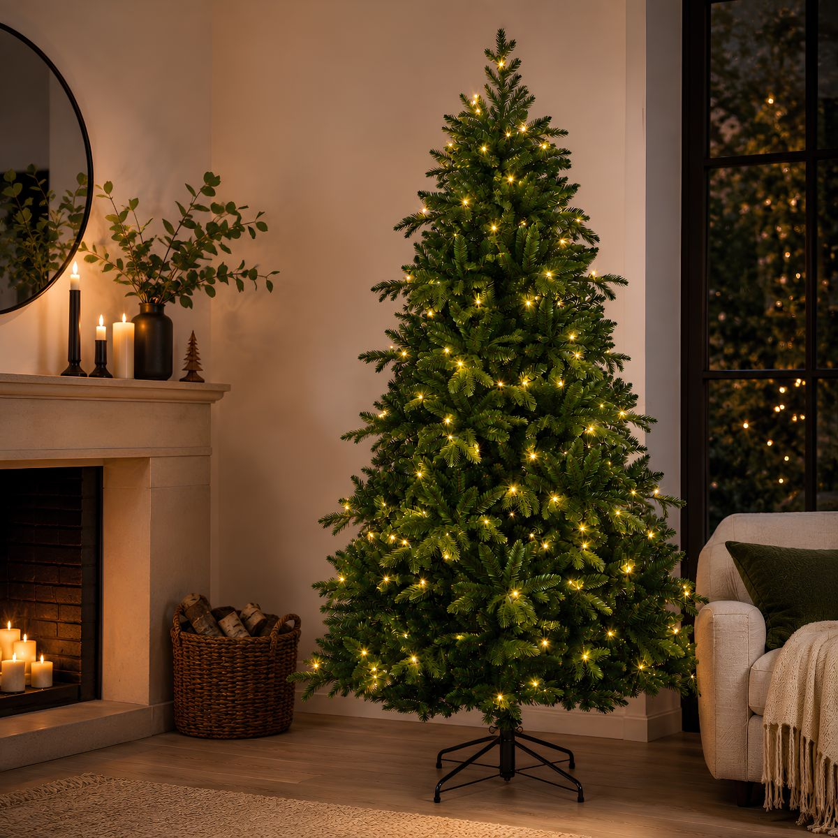 Een verlichte kerstboom staat in een gezellige woonkamer naast een open haard en fauteuil.