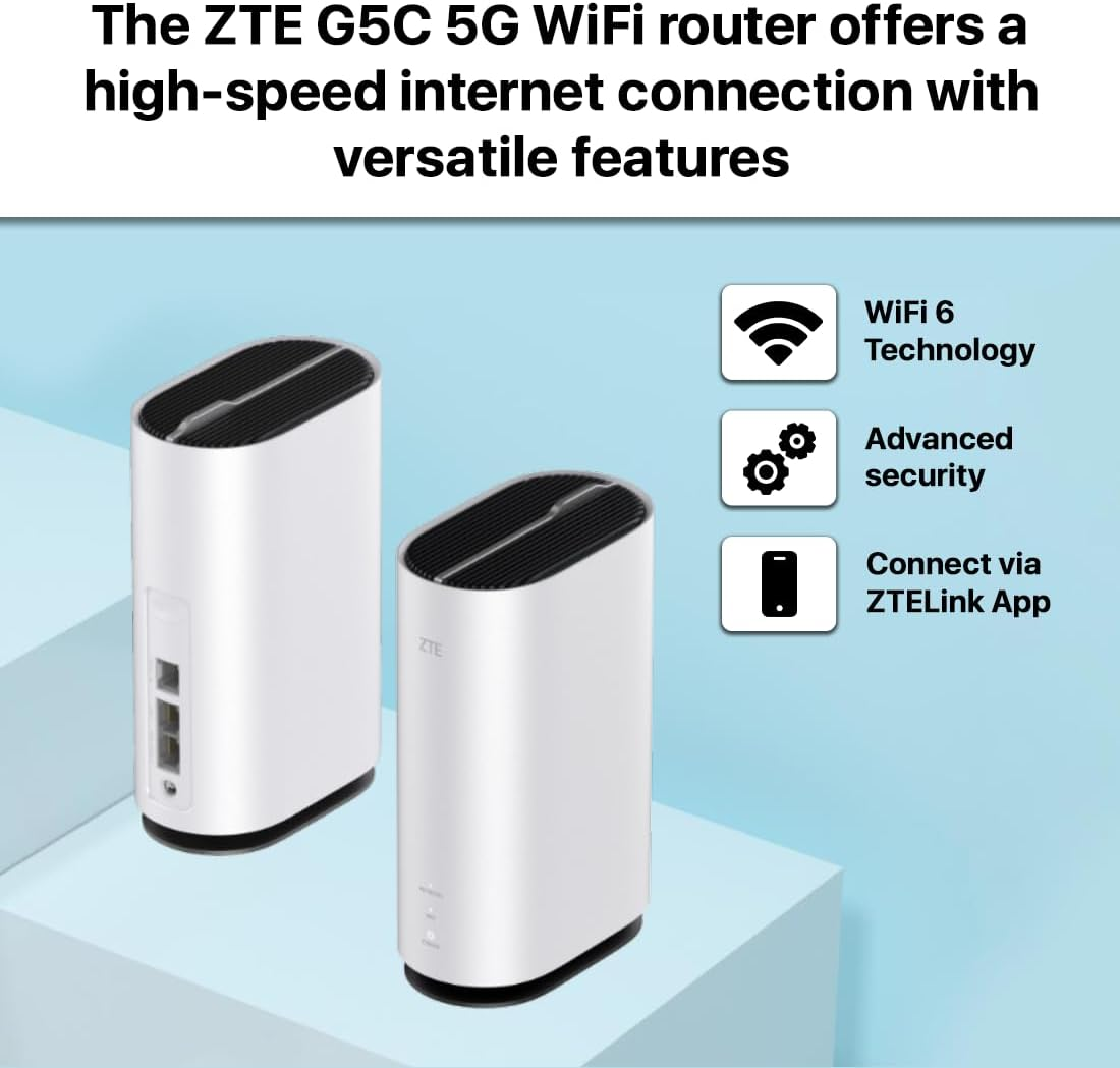 Dwa białe routery Wi-Fi ZTE G5C 5G z funkcjami takimi jak Wi-Fi 6 i aplikacja.