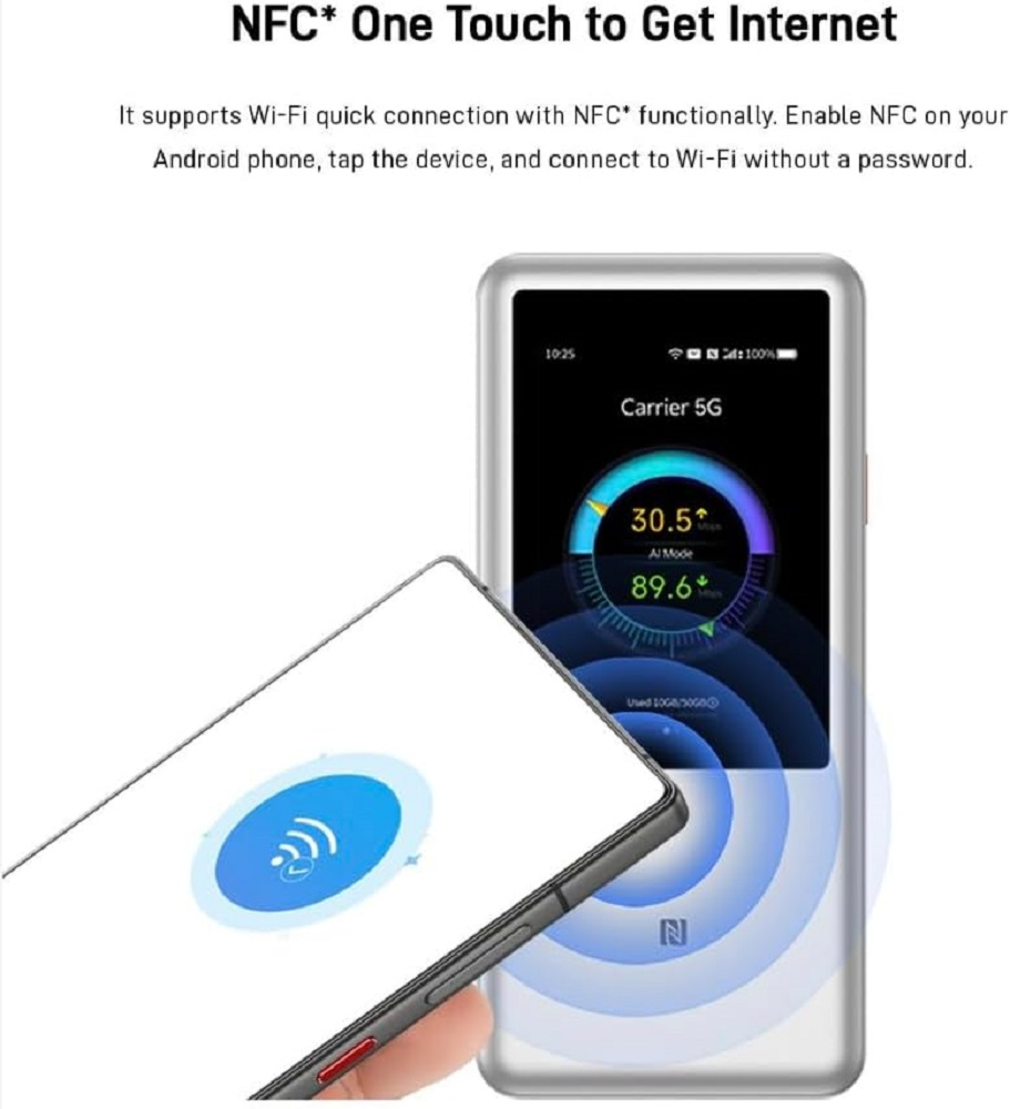 Ein NFC-Gerät verbindet sich mit einem Hotspot per Berührung und zeigt Geschwindigkeitsdaten.