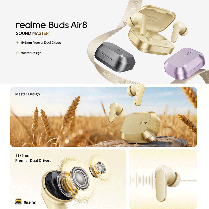 Realme Buds Air8 kabellose Ohrhörer mit Ladecase, Dual-Treibern und verschiedenen Farboptionen.