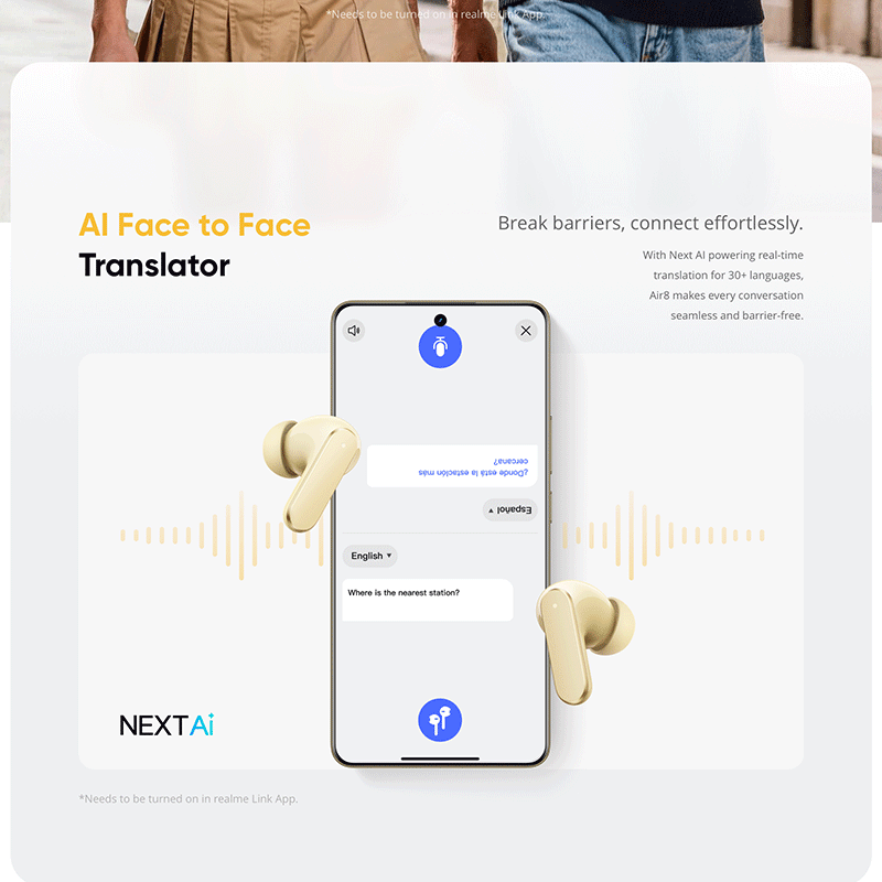 Eine Werbung für eine KI-Face-to-Face-Übersetzungsfunktion auf einem Smartphone, flankiert von zwei Ohrstöpseln.